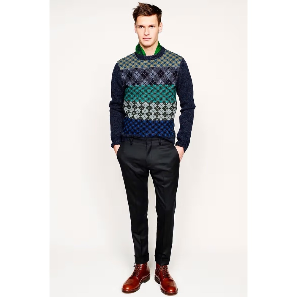 J Crew 100% LambsWool Crewneck Sweater Men's Medium Blue Argyle Diamond Preppy